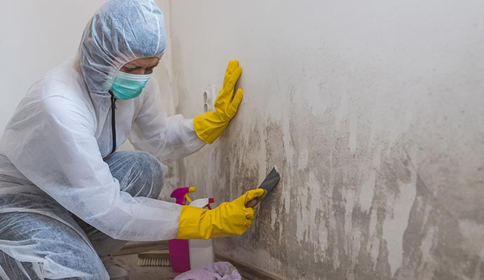 A professional cleaning up mold from wall