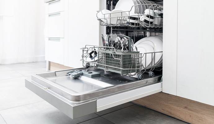 Close-up view of dishwasher overflow.